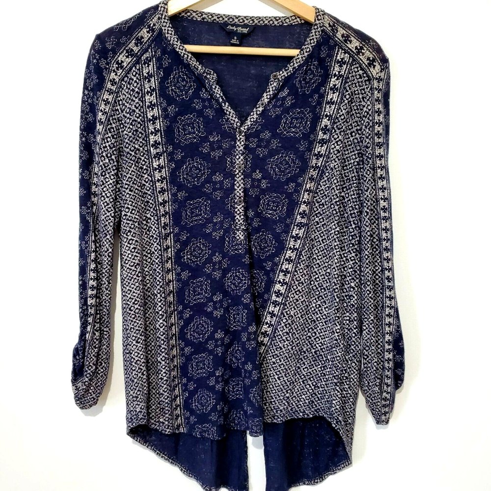 Lucky Brand Women's Button Down Blouse Top Long Sleeve LINEN Blend Blue Size S
